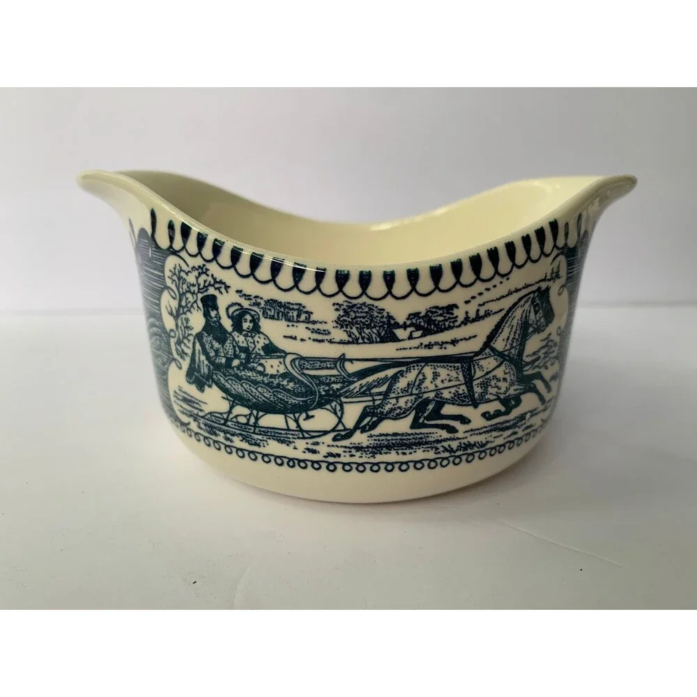 Vintage Currier & Ives Double Spouted Gravy Boat and Resting/Under Plate 1949-86